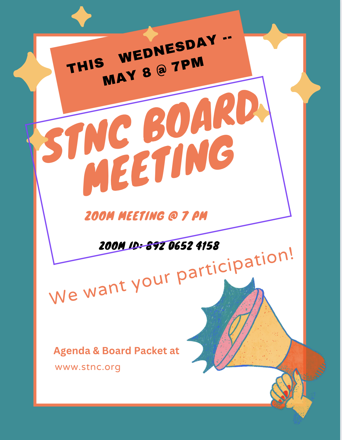 NOTICE: STNC Board Meeting Wed. May 8 @ 7PM