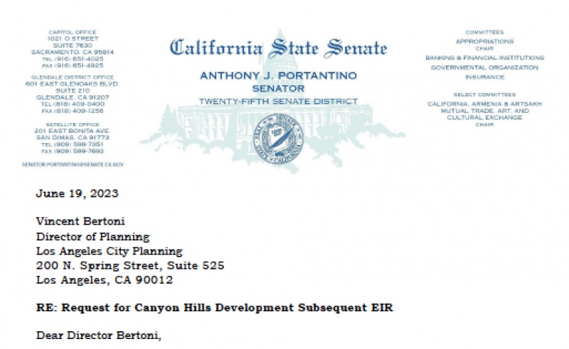 Senators Portantino & Menjivar Request EIR on Canyon Hills Development