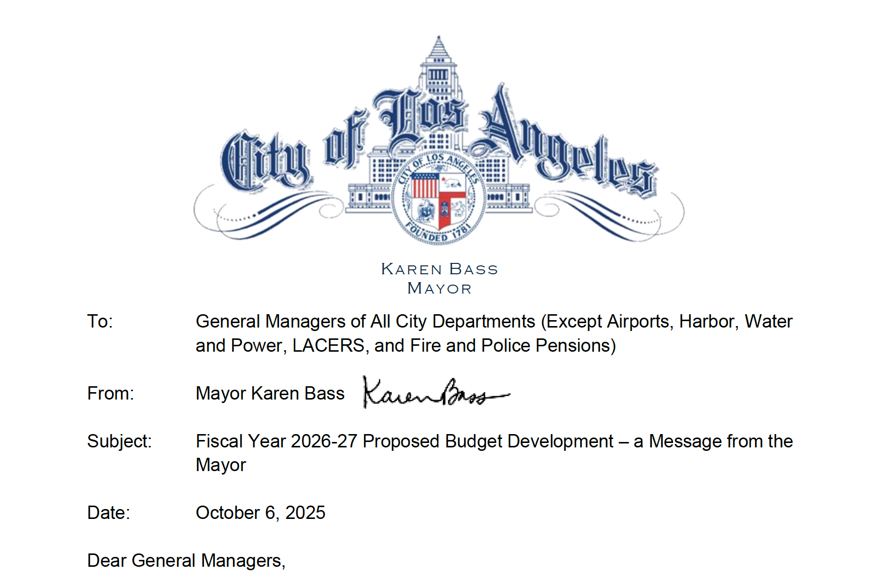 Mayor's Budget Policy Letter FY 2026-27 dated 10-3-25